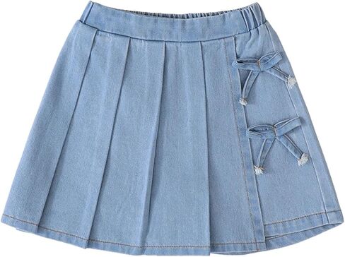 Girls Jean Skirt Cute Summer Elastic Waist Bow Denim Pleated Mini Skort in Saudi Arabia