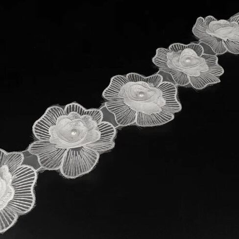 1 Yard Vintage Elegant Flower with Pearl Beads Lace Edge Trim Floral Appliques Embroidered Lace Fabric for Wedding Dress Clothes Costume Jeans Hat Bag Party Decoration (White, 1 Yard) in Saudi Arabia