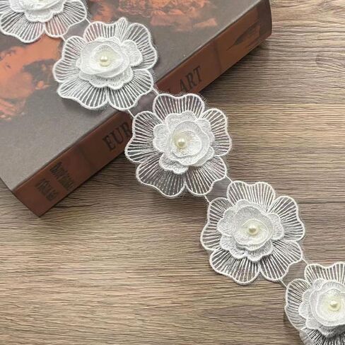 1 Yard Vintage Elegant Flower with Pearl Beads Lace Edge Trim Floral Appliques Embroidered Lace Fabric for Wedding Dress Clothes Costume Jeans Hat Bag Party Decoration (White, 1 Yard) in Saudi Arabia