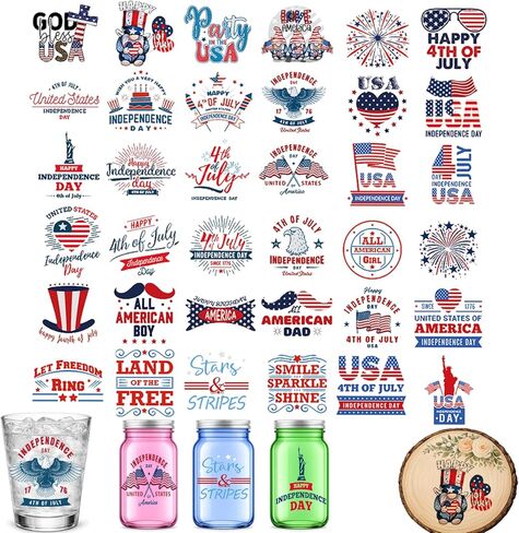 36 Pcs 4th of July Rub-On Transfer Stickers for Crafts, Patriotic Waterproof Vinyl Decals for Cups, Mugs, Jars & Independence Day Decorations in Kuwait