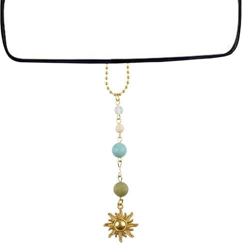 Cute Boho Dangling Sun Car Decor Decorations Green and Gold Rear View Mirror Hanging Accessories for Women Men (Pink) in Saudi Arabia