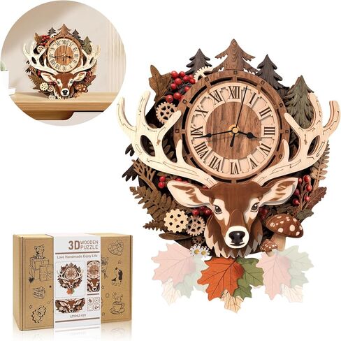 3D Wooden Puzzle for Adults - Forest Deer Clock, Mechanical Wall Clock Kit with Pendulum, 3D Puzzles for Adults DIY Room Home Decor, Holiday Birthday Gift for Men Women in Saudi Arabia