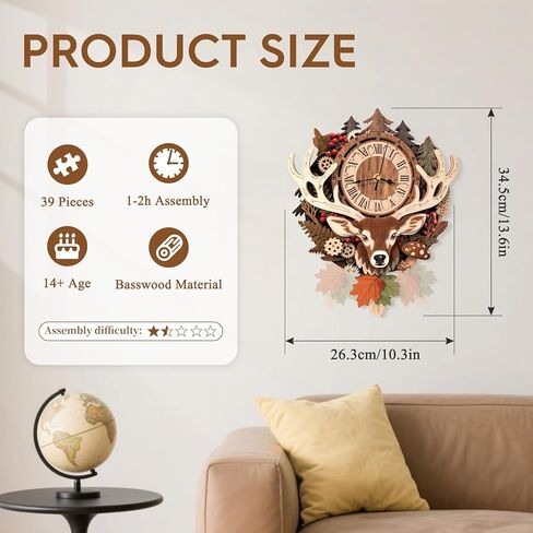 3D Wooden Puzzle for Adults - Forest Deer Clock, Mechanical Wall Clock Kit with Pendulum, 3D Puzzles for Adults DIY Room Home Decor, Holiday Birthday Gift for Men Women in Saudi Arabia