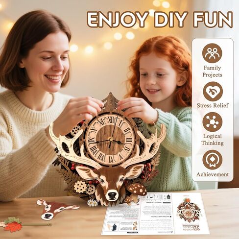 3D Wooden Puzzle for Adults - Forest Deer Clock, Mechanical Wall Clock Kit with Pendulum, 3D Puzzles for Adults DIY Room Home Decor, Holiday Birthday Gift for Men Women in Saudi Arabia