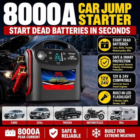 8000A Car Battery Jump Starter, Heavy Duty Jump Box for Gas & Diesel Vehicles, 12V/24V Portable Power Pack with LED Light for Trucks, SUVs, Commercial & Diesel Engines in Saudi Arabia