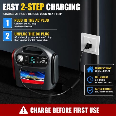 8000A Car Battery Jump Starter, Heavy Duty Jump Box for Gas & Diesel Vehicles, 12V/24V Portable Power Pack with LED Light for Trucks, SUVs, Commercial & Diesel Engines in Saudi Arabia