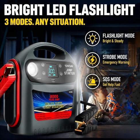 8000A Car Battery Jump Starter, Heavy Duty Jump Box for Gas & Diesel Vehicles, 12V/24V Portable Power Pack with LED Light for Trucks, SUVs, Commercial & Diesel Engines in Saudi Arabia