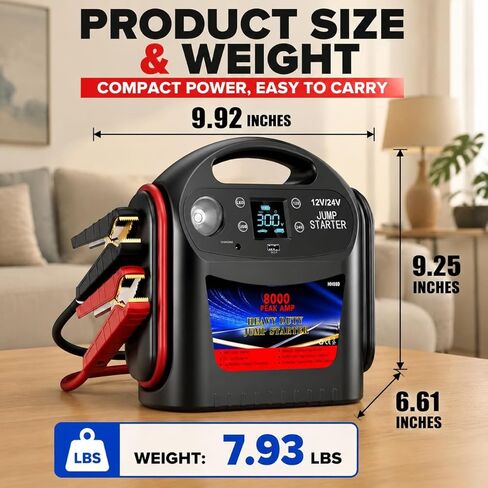 8000A Car Battery Jump Starter, Heavy Duty Jump Box for Gas & Diesel Vehicles, 12V/24V Portable Power Pack with LED Light for Trucks, SUVs, Commercial & Diesel Engines in Saudi Arabia