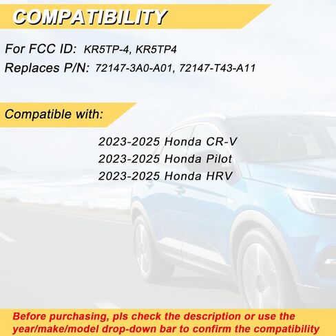 Vurkcy Key Fob Replacement for 2023-2025 Honda CR-V Pilot HRV Car Keyless Entry Remote Control, KR5TP-4 KR5TP4, 5 Buttons in Kuwait