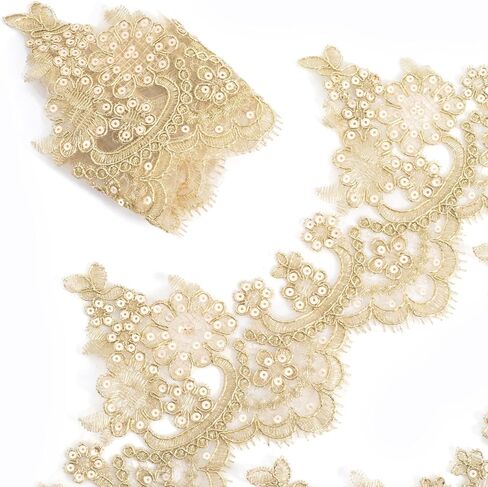 SmallCat 2 Yards Width Gold Lace Trim, 5.72 Inch Metallic Lace Ribbon for Women, Elegant Sewing Flower Floral Embroidery Edge Trimming for Wedding Party Dancing Decration - 1 Roll in Kuwait