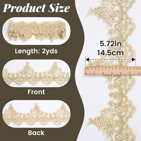 SmallCat 2 Yards Width Gold Lace Trim, 5.72 Inch Metallic Lace Ribbon for Women, Elegant Sewing Flower Floral Embroidery Edge Trimming for Wedding Party Dancing Decration - 1 Roll in Kuwait