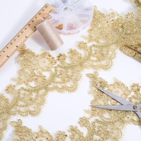SmallCat 2 Yards Width Gold Lace Trim, 5.72 Inch Metallic Lace Ribbon for Women, Elegant Sewing Flower Floral Embroidery Edge Trimming for Wedding Party Dancing Decration - 1 Roll in Kuwait