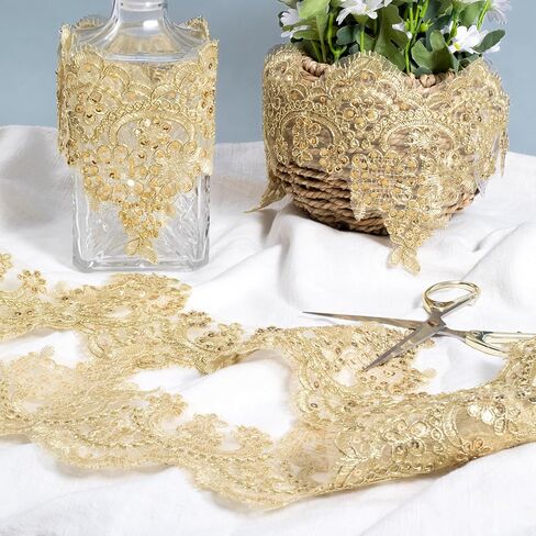 SmallCat 2 Yards Width Gold Lace Trim, 5.72 Inch Metallic Lace Ribbon for Women, Elegant Sewing Flower Floral Embroidery Edge Trimming for Wedding Party Dancing Decration - 1 Roll in Kuwait
