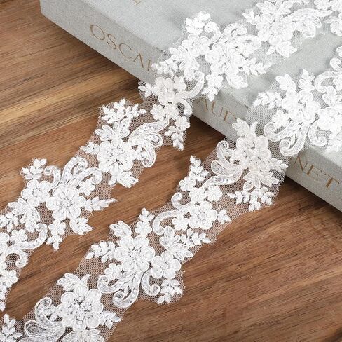 2 Yards Lace Applique 6cm White Beaded Embroidery Floral Lace Ribbon Luxury Sewing Laces for Wedding Dresses Bridal DIY Clothes Rhinestone Applique Patches Craft Decoration in Kuwait
