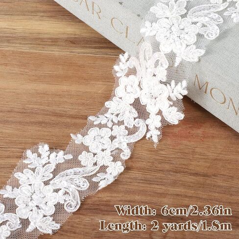 2 Yards Lace Applique 6cm White Beaded Embroidery Floral Lace Ribbon Luxury Sewing Laces for Wedding Dresses Bridal DIY Clothes Rhinestone Applique Patches Craft Decoration in Kuwait