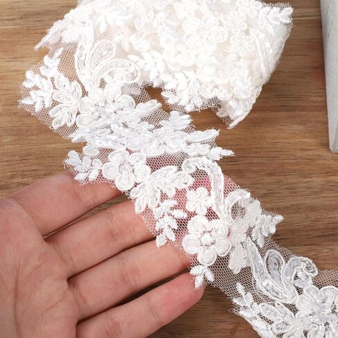 2 Yards Lace Applique 6cm White Beaded Embroidery Floral Lace Ribbon Luxury Sewing Laces for Wedding Dresses Bridal DIY Clothes Rhinestone Applique Patches Craft Decoration in Kuwait