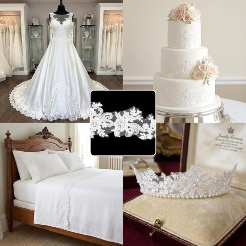 2 Yards Lace Applique 6cm White Beaded Embroidery Floral Lace Ribbon Luxury Sewing Laces for Wedding Dresses Bridal DIY Clothes Rhinestone Applique Patches Craft Decoration in Kuwait