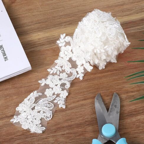 2 Yards Lace Applique 6cm White Beaded Embroidery Floral Lace Ribbon Luxury Sewing Laces for Wedding Dresses Bridal DIY Clothes Rhinestone Applique Patches Craft Decoration in Kuwait