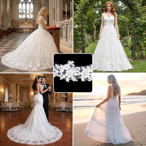 2 Yards Lace Applique 6cm White Beaded Embroidery Floral Lace Ribbon Luxury Sewing Laces for Wedding Dresses Bridal DIY Clothes Rhinestone Applique Patches Craft Decoration in Kuwait