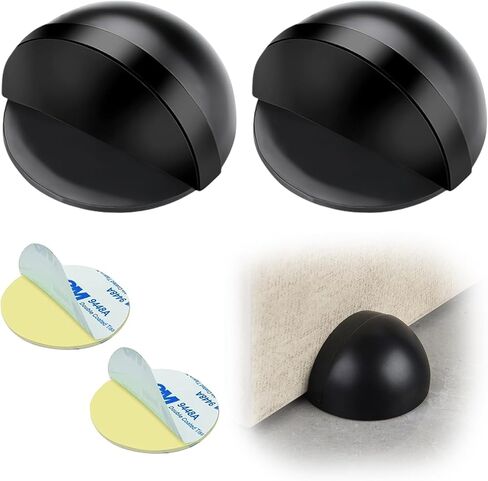 Drill-Free Floor Mounted Door Stoppers 3M Adhesive Self Adhesive Door Stoppers with Black Rubber Bumper Tips Floor Mount Half Dome Door Stopper for Office Bedroom Living Room Shower Room (Black-2Pcs) in Saudi Arabia
