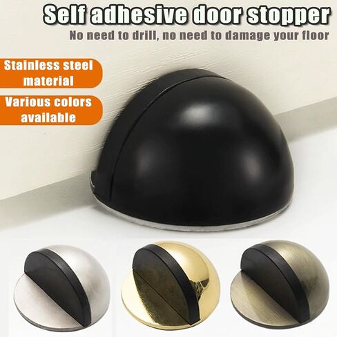 Drill-Free Floor Mounted Door Stoppers 3M Adhesive Self Adhesive Door Stoppers with Black Rubber Bumper Tips Floor Mount Half Dome Door Stopper for Office Bedroom Living Room Shower Room (Black-2Pcs) in Saudi Arabia