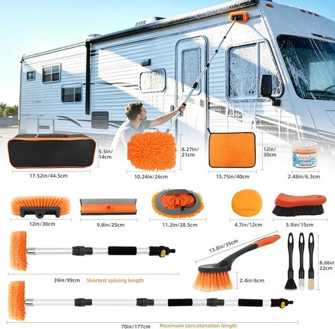 70" Car Wash Brush with Long Handle, 12-Inch Flow-Thru Soft Bristle Car Washing Brush, Wheel Brush, Microfiber Cleaning Mop, Mitt, Window Squeegee, Interior Cleaning Kit, Bag, for Car SUV Truck RV in Saudi Arabia