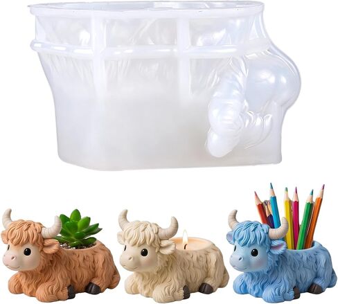 1Pcs Highland Cow Flower Pot Silicone Mold 3D Cow Shape Resin Epoxy Casting Mold for DIY Home Decor Candle Holder Pen Holder Storage Box Plaster Craft Making in Saudi Arabia