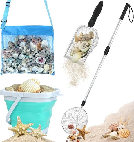 FETHWOIN Shark Tooth Sifter, Beach Sand Sifter, Sea Shell Scooper for Beach, Shell Bags&Foldable Bucket, Sand Beach Toys for Kids 6 8 10 12 in Saudi Arabia