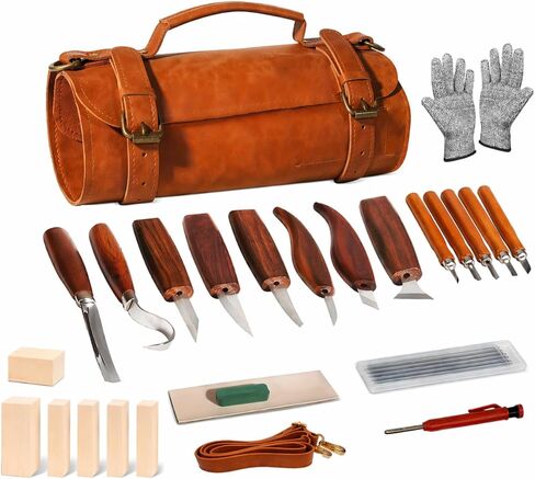 Deluxe Wood Carving Kit, 26Pcs Whittling Tools with 6 Basswood Blocks & Leather Case, High-Carbon Steel Knives, Safety Gloves, Woodworking Set for Beginners Adults DIY Craft Gifts in Saudi Arabia