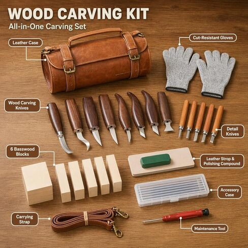 Deluxe Wood Carving Kit, 26Pcs Whittling Tools with 6 Basswood Blocks & Leather Case, High-Carbon Steel Knives, Safety Gloves, Woodworking Set for Beginners Adults DIY Craft Gifts in Saudi Arabia