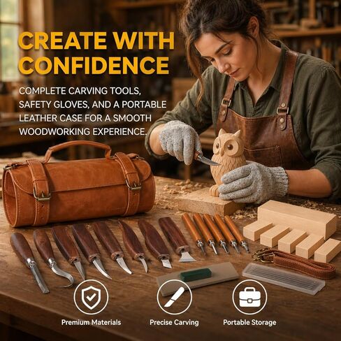 Deluxe Wood Carving Kit, 26Pcs Whittling Tools with 6 Basswood Blocks & Leather Case, High-Carbon Steel Knives, Safety Gloves, Woodworking Set for Beginners Adults DIY Craft Gifts in Saudi Arabia
