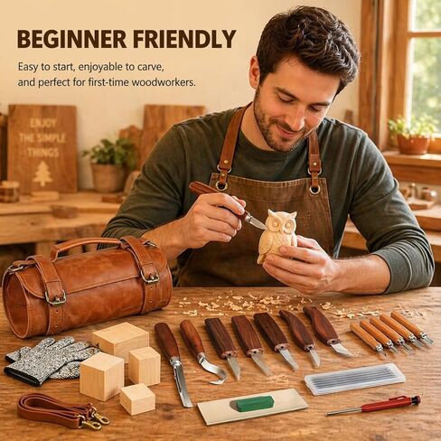 Deluxe Wood Carving Kit, 26Pcs Whittling Tools with 6 Basswood Blocks & Leather Case, High-Carbon Steel Knives, Safety Gloves, Woodworking Set for Beginners Adults DIY Craft Gifts in Saudi Arabia