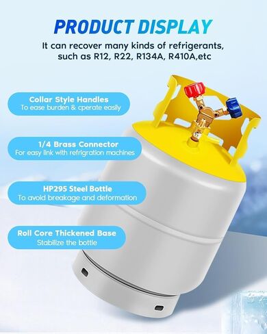 FAHKNS Refrigerant Recovery Tank 30 LB Reusable Recovery Cylinder Tank 1/4 SAE Y-Valve Recovery Can Without Float Switch for R12 R22, R134A, R410A etc Refrigerant Freon Recovery Tank Gray Yellow in Kuwait