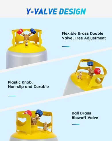 FAHKNS Refrigerant Recovery Tank 30 LB Reusable Recovery Cylinder Tank 1/4 SAE Y-Valve Recovery Can Without Float Switch for R12 R22, R134A, R410A etc Refrigerant Freon Recovery Tank Gray Yellow in Kuwait