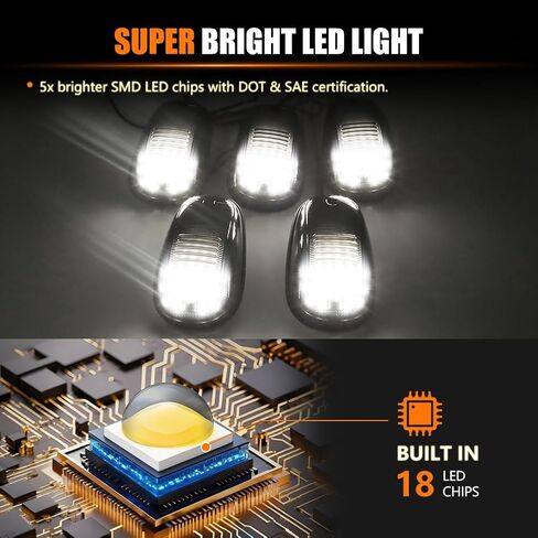 مصابيح LED لسقف الكابينة للجري العلوي لسيارات دودج رام 1500 2500 3500 4500 5500 2003-2018 شاحنات بيك اب، عدسات مدخنة بيضاء كاملة LED لمصابيح علامة الكابينة، 5 قطع in Kuwait