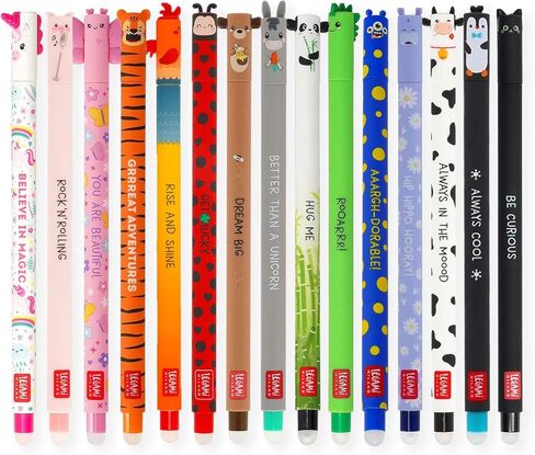 LEGAMI - Set of 15 Erasable Gel Pens with Thermosensitive Erase Ink, Range of ink colours & barrel designs, 0.7mm Tip, Animal Designs, Ladybug, Monster, Tiger, and Farmyard in Kuwait