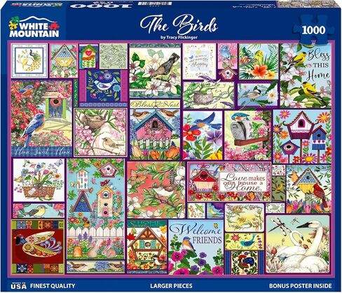 White Mountain 1000 Piece Jigsaw Puzzle Vintage Birdhouse Collage Puzzles with Large Pieces, Gift for Adults and Family 24"x30" - The Birds in Kuwait