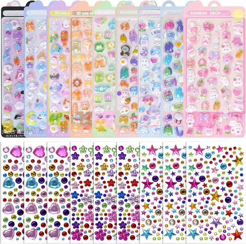 800+Puffy Stickers&Gem Stickers 8Sheets Tiny Cute Cartoon Decorative Stickers for DIY Arts Gemstone Stickers Self Adhesive Samll Sticker for Scrapbooking Notebook Reward Gifts Water Bottle Laptops in Saudi Arabia