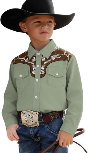 Ritatte Toddler Boys Girls Western Cowboy Shirts Retro Long Sleeve Button Down Shirt Kids Floral Pockets Outfit Country Tops in Saudi Arabia
