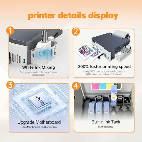 A4 DTF Printer, XP600 Printhead DTF Transfer Printer, 5760 * 1440dpi High Resolution, Built-in White Ink Circulation & Stirring System, High Speed Printing for T-Shirts & Fabrics in Kuwait