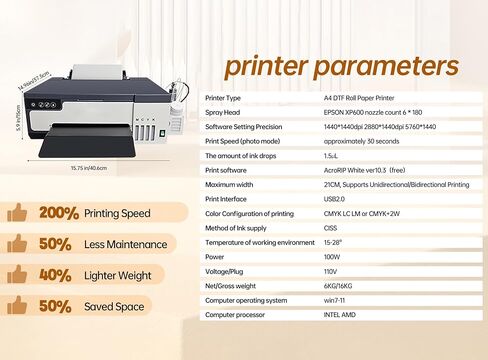 A4 DTF Printer, XP600 Printhead DTF Transfer Printer, 5760 * 1440dpi High Resolution, Built-in White Ink Circulation & Stirring System, High Speed Printing for T-Shirts & Fabrics in Kuwait