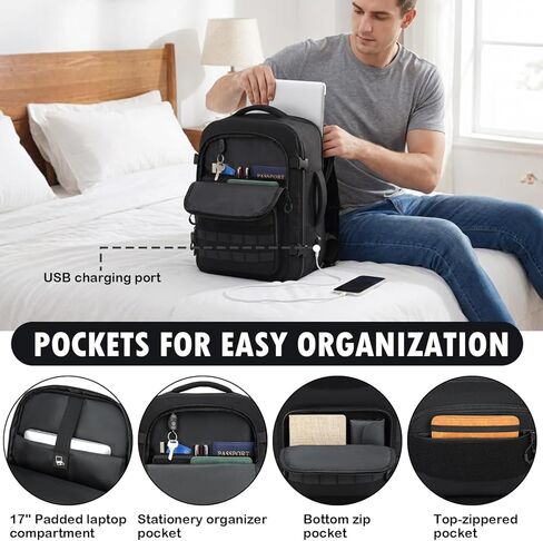 Carry On Backpack, Large Tactical Travel Backpack for Men Personal Item, Lightweight Suitcase Luggage Backpack Airplane Approved Weekender Bag, 17" Laptop Daypack for Flight, Travel in Saudi Arabia
