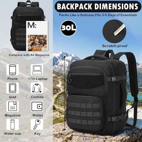 Carry On Backpack, Large Tactical Travel Backpack for Men Personal Item, Lightweight Suitcase Luggage Backpack Airplane Approved Weekender Bag, 17" Laptop Daypack for Flight, Travel in Saudi Arabia