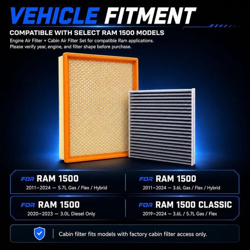 68441763AA 68406048AA Engine Cabin Air Filter Set Compatible with Ram 1500 3.6L 5.7L (2011-2024), Factory Cabin Slot Only)/ 3.0L (2020-2023)(NOT FOR 6.2L TRX),Fit for 1500 Classic (2019-2024) in Saudi Arabia