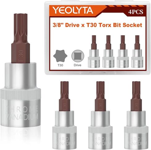 4PCS 3/8" Drive T30 Torx Bit Socket, S2 Steel Bits, CR‑V Steel Star Socket 1.9" Length for Slide Bar, Ratchet Wrench, Extension Rod, Impact Drill and Home Repair (T30, 3/8") in Saudi Arabia