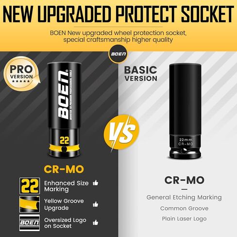 BOEN 22mm 1/2" Drive Wheel Protector Impact Socket, Non-Marring Thin Wall Wheel Protector Nut Socket, Color-Coded, Embossed and Painted Marking, CR-MO Steel in Kuwait
