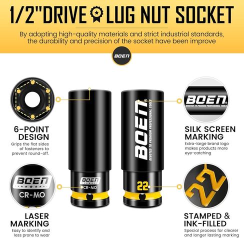 BOEN 22mm 1/2" Drive Wheel Protector Impact Socket, Non-Marring Thin Wall Wheel Protector Nut Socket, Color-Coded, Embossed and Painted Marking, CR-MO Steel in Kuwait