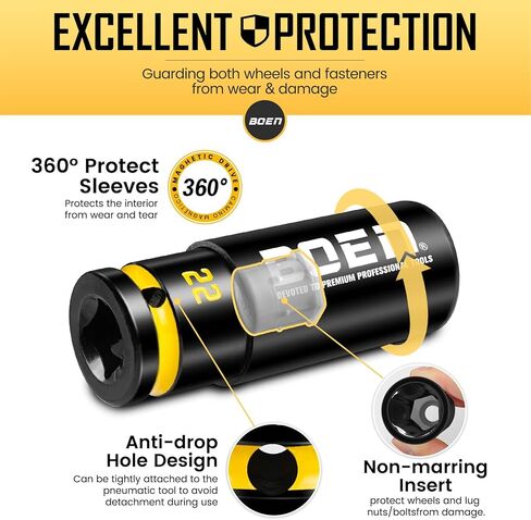BOEN 22mm 1/2" Drive Wheel Protector Impact Socket, Non-Marring Thin Wall Wheel Protector Nut Socket, Color-Coded, Embossed and Painted Marking, CR-MO Steel in Kuwait