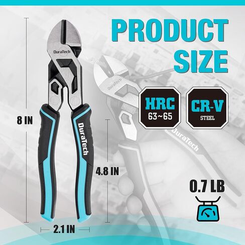 DURATECH 8-Inch Compound Diagonal Cutters, Gen 2 Dual Pivot High-Leverage Design for Effortless Cutting, Heavy-Duty CR-V Steel Side Cutting Pliers for General Purpose in Kuwait