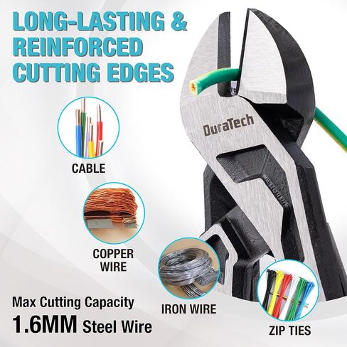 DURATECH 8-Inch Compound Diagonal Cutters, Gen 2 Dual Pivot High-Leverage Design for Effortless Cutting, Heavy-Duty CR-V Steel Side Cutting Pliers for General Purpose in Kuwait